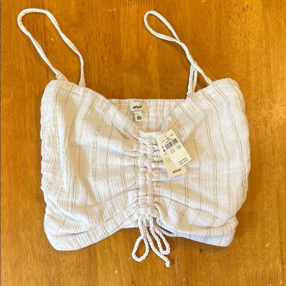 Aerie White/Gold Ruched Convertible Cami